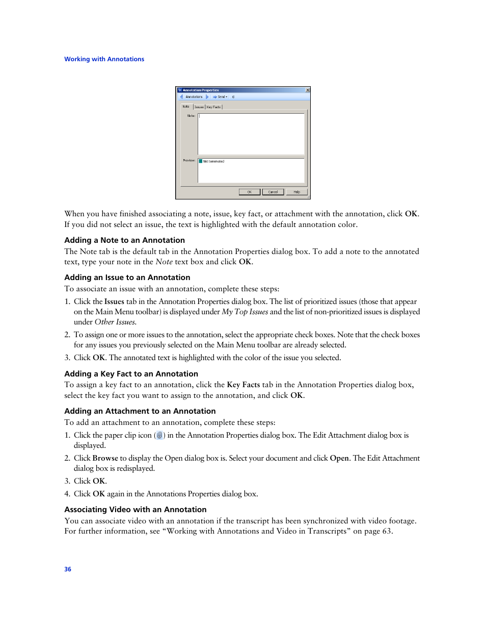 Adding a note to an annotation, Adding an issue to an annotation, Adding a key fact to an annotation | Adding an attachment to an annotation, Associating video with an annotation | Technicolor - Thomson West Case Notebook User Manual | Page 44 / 80