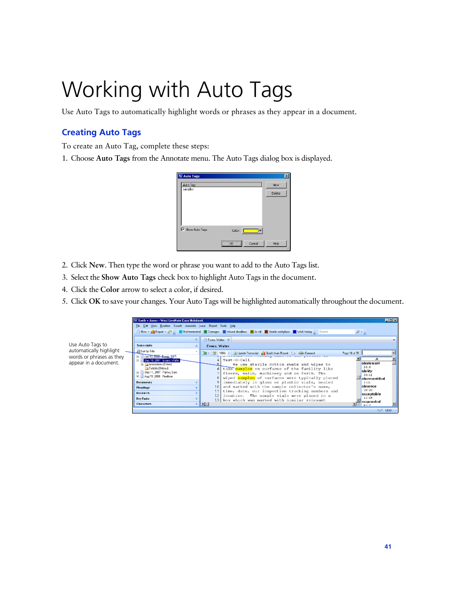 Working with auto tags, Creating auto tags | Technicolor - Thomson West Case Notebook User Manual | Page 49 / 80