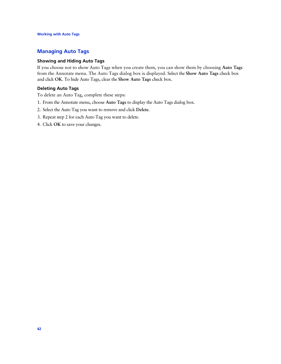 Managing auto tags, Showing and hiding auto tags, Deleting auto tags | Technicolor - Thomson West Case Notebook User Manual | Page 50 / 80