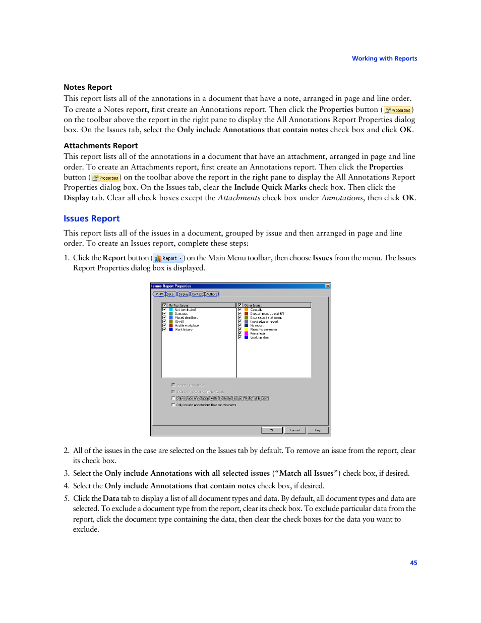 Notes report, Attachments report, Issues report | Technicolor - Thomson West Case Notebook User Manual | Page 53 / 80