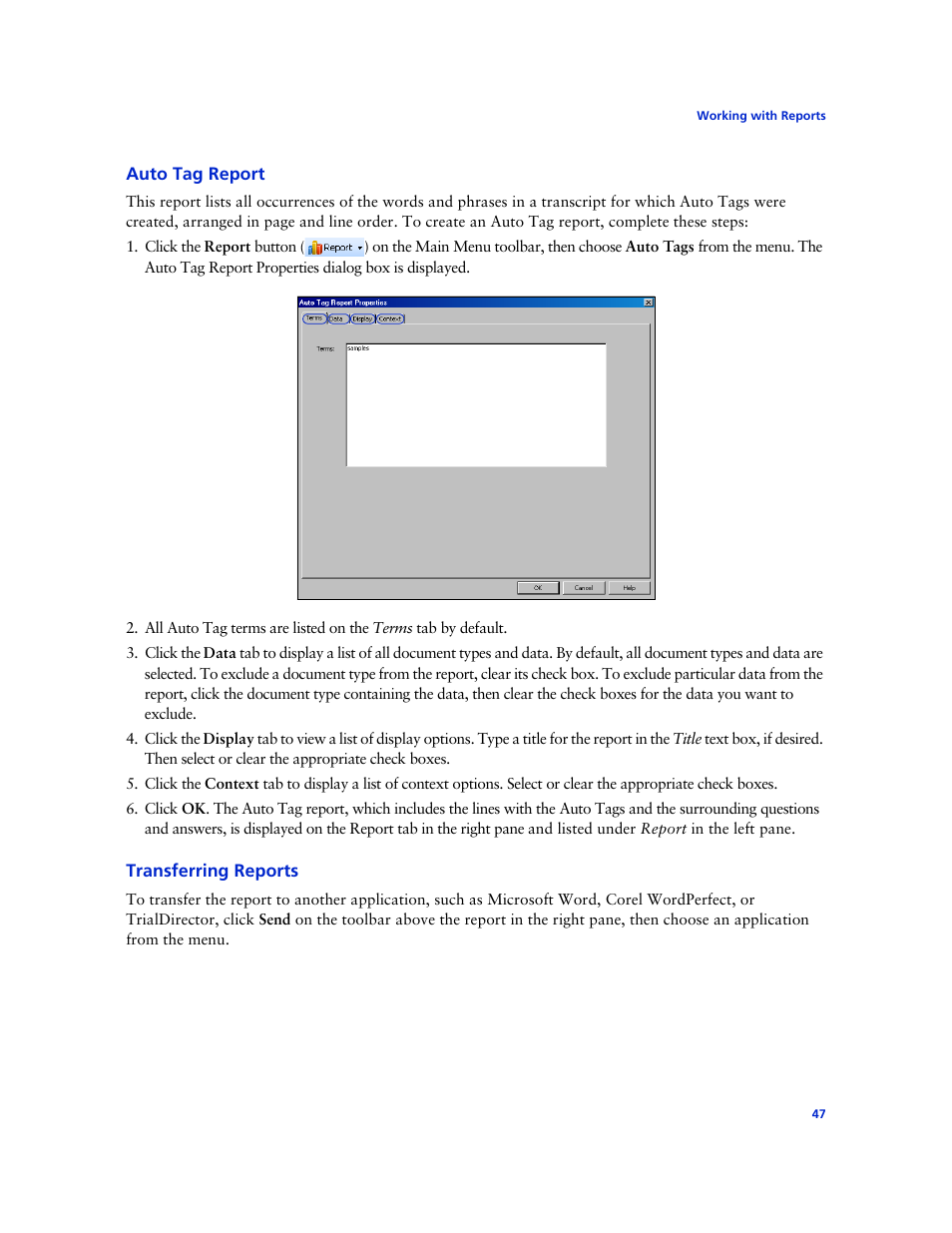 Auto tag report, Transferring reports | Technicolor - Thomson West Case Notebook User Manual | Page 55 / 80