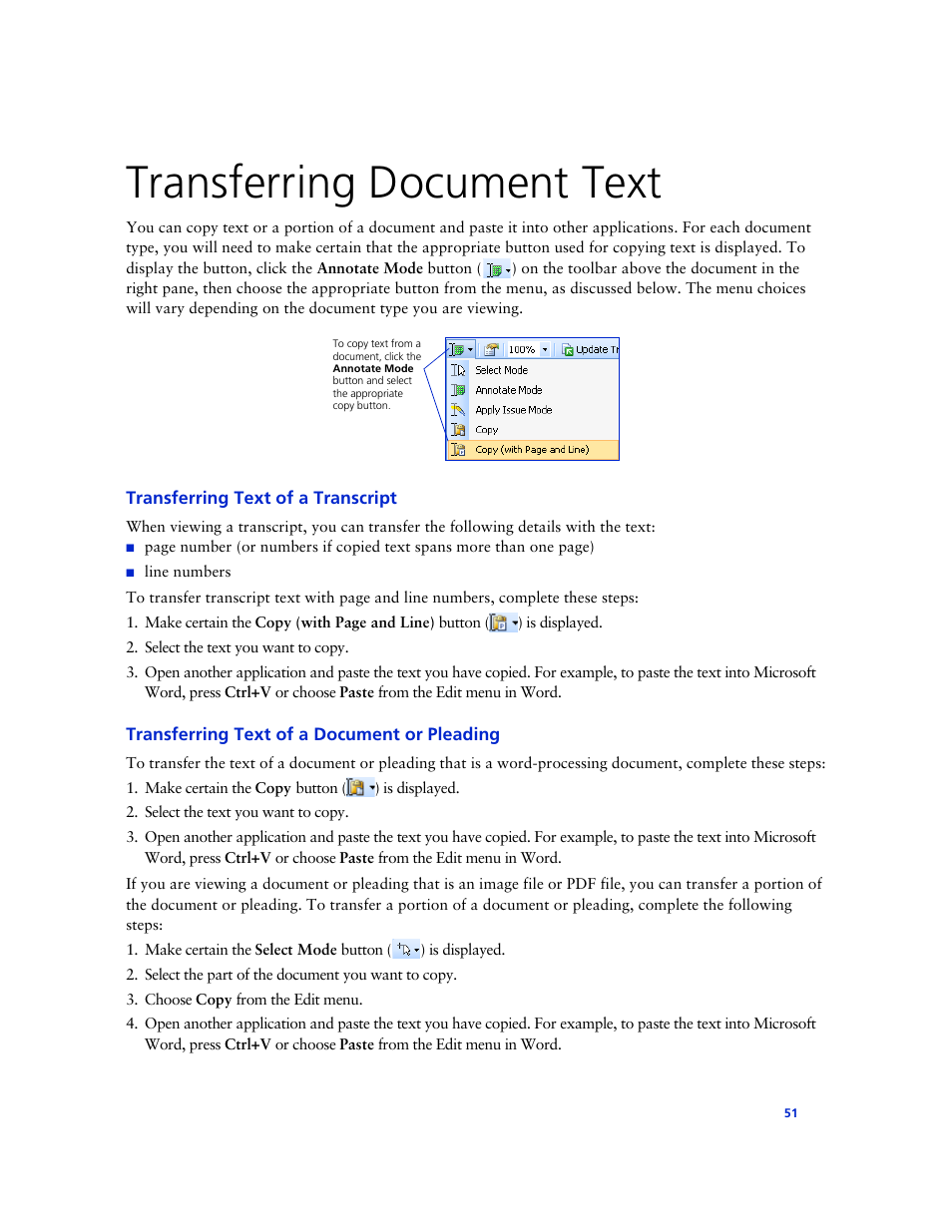 Transferring document text, Transferring text of a transcript, Transferring text of a document or pleading | Technicolor - Thomson West Case Notebook User Manual | Page 59 / 80