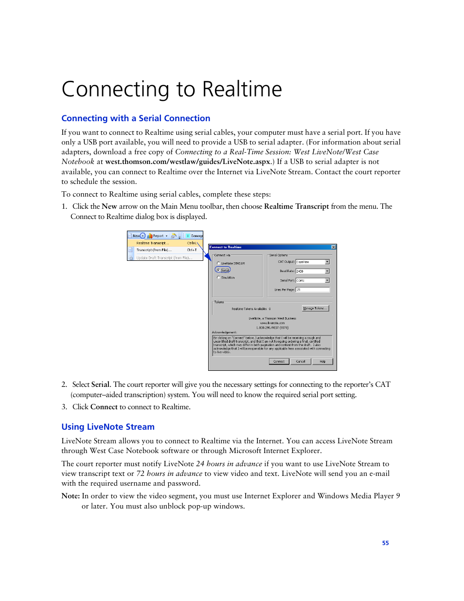 Connecting to realtime, Connecting with a serial connection, Using livenote stream | Technicolor - Thomson West Case Notebook User Manual | Page 63 / 80