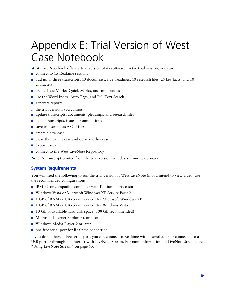 Appendix e: trial version of west case notebook, System requirements | Technicolor - Thomson West Case Notebook User Manual | Page 77 / 80