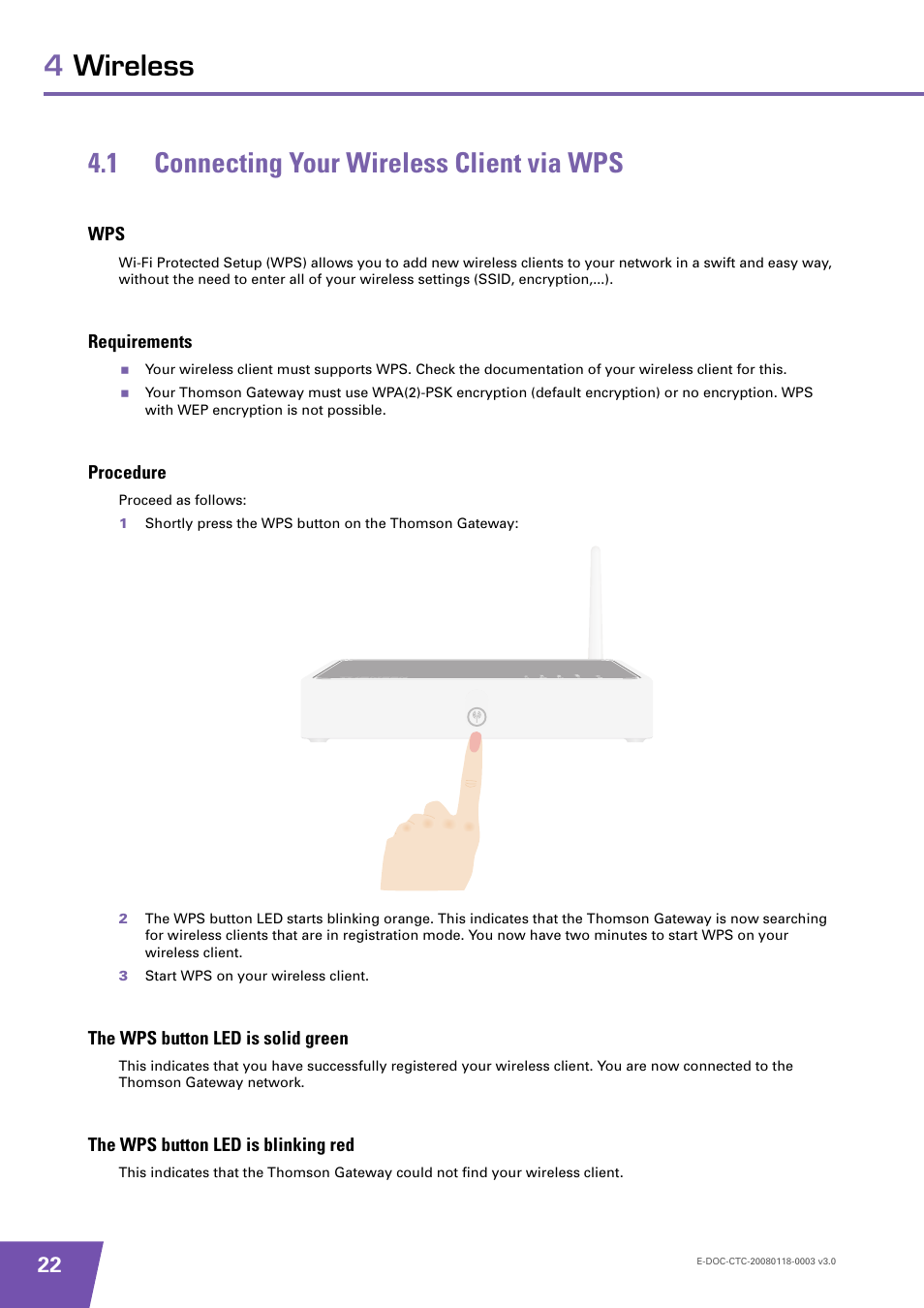 1 connecting your wireless client via wps, Requirements, Procedure | The wps button led is solid green, The wps button led is blinking red, Connecting your wireless client via wps, Information, see | Technicolor - Thomson TG585 v7 User Manual | Page 28 / 62