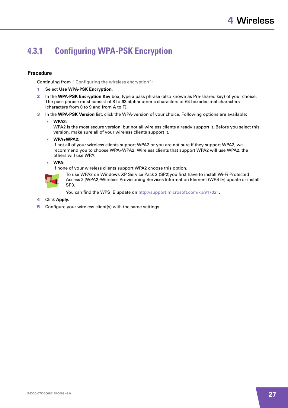 1 configuring wpa-psk encryption, Procedure, Configuring wpa-psk encryption | 4wireless 4.3.1 configuring wpa-psk encryption | Technicolor - Thomson TG585 v7 User Manual | Page 33 / 62