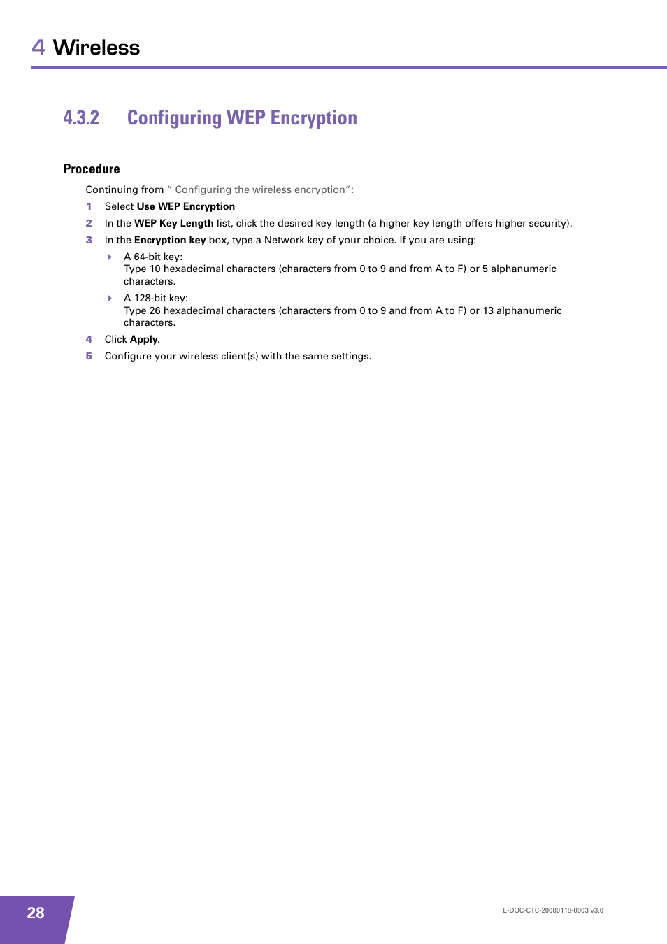 2 configuring wep encryption, Procedure, Configuring wep encryption | 4wireless 4.3.2 configuring wep encryption | Technicolor - Thomson TG585 v7 User Manual | Page 34 / 62