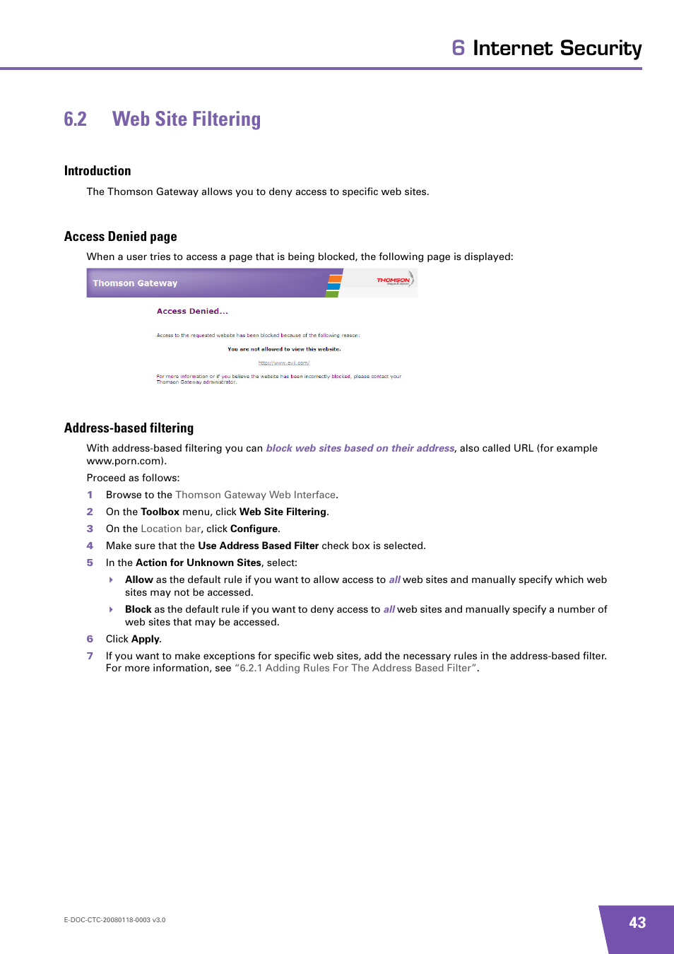 2 web site filtering, Introduction, Address-based filtering | Web site filtering, 6internet security 6.2 web site filtering | Technicolor - Thomson TG585 v7 User Manual | Page 49 / 62