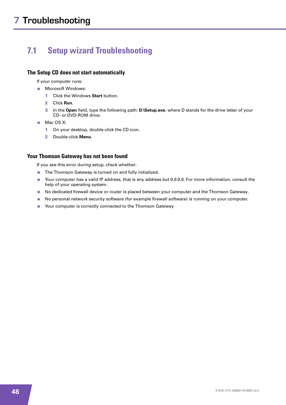 1 setup wizard troubleshooting, The setup cd does not start automatically, Your thomson gateway has not been found | Setup wizard troubleshooting, 1 setup wizard troubleshooting” on, 7troubleshooting 7.1 setup wizard troubleshooting | Technicolor - Thomson TG585 v7 User Manual | Page 54 / 62