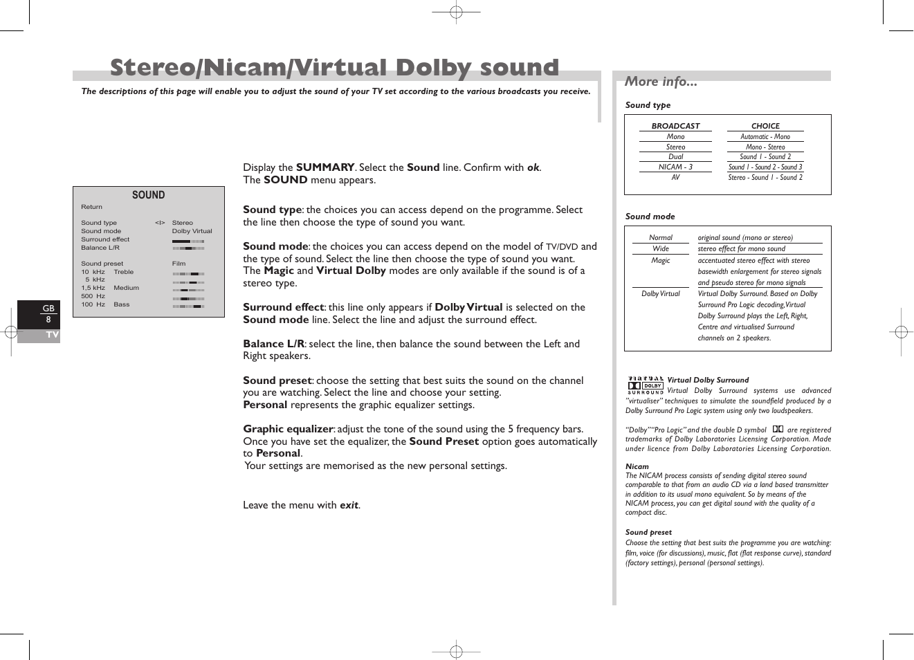 Stereo/nicam/virtual dolby sound, More info | Technicolor - Thomson TV/DVD User Manual | Page 15 / 35