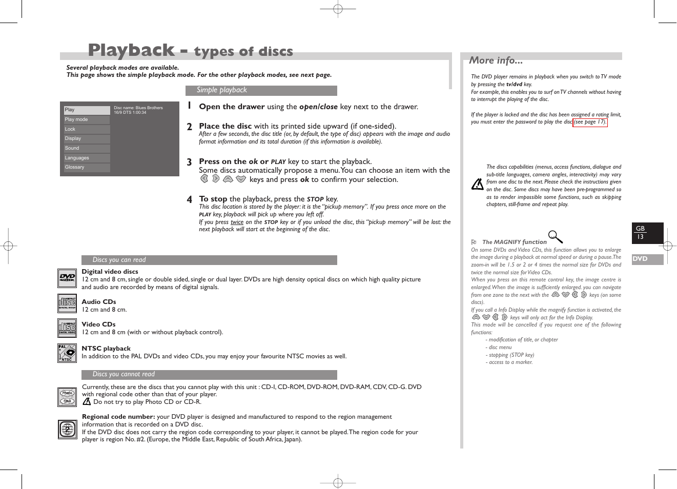 Playback - types of discs, More info, Playback | Types of discs | Technicolor - Thomson TV/DVD User Manual | Page 20 / 35