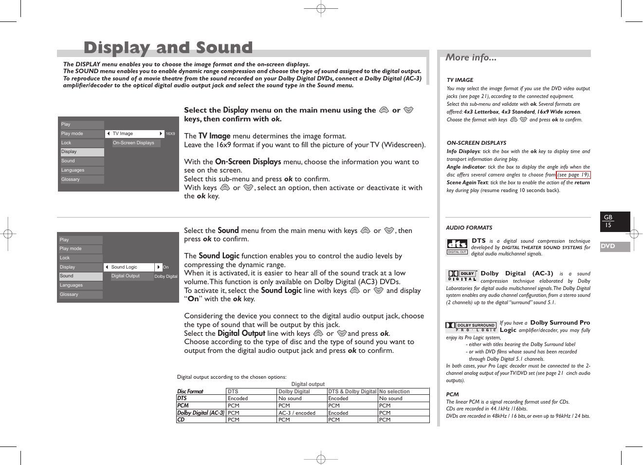 Display and sound, More info | Technicolor - Thomson TV/DVD User Manual | Page 22 / 35