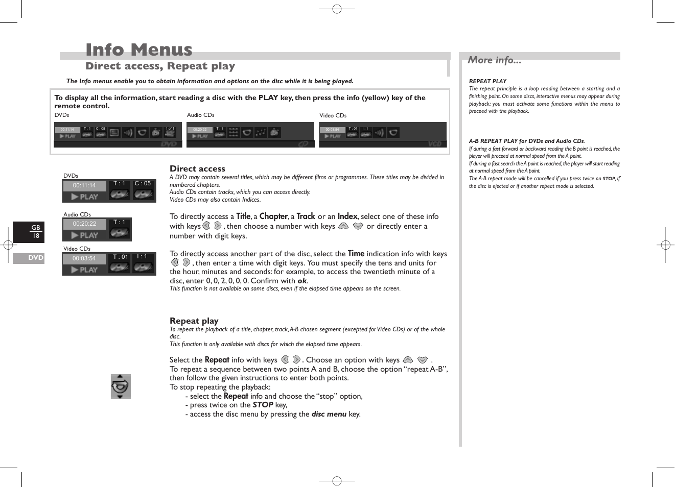 Info menus, More info, Direct access, repeat play | Technicolor - Thomson TV/DVD User Manual | Page 25 / 35