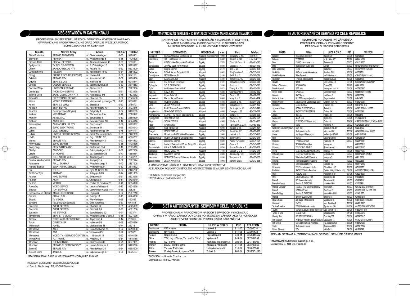 After sales addresses, Hsk pl cz, 56 autorizovanøch servisñ po celƒ republice | Sieć serwisów w całym kraju, Sieè 8 autorizivanøch servisov v celej republike | Technicolor - Thomson TV/DVD User Manual | Page 32 / 35