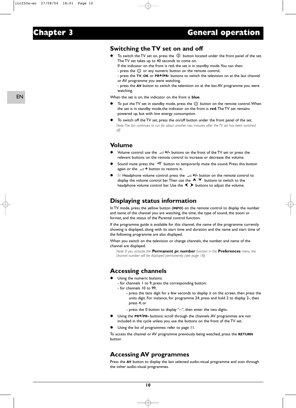 Chapter 3 general operation, Switching the tv set on and off, Volume | Displaying status information, Accessing channels, Accessing av programmes | Technicolor - Thomson ITC250S User Manual | Page 10 / 26