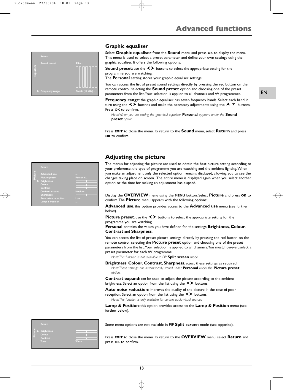 Advanced functions, Adjusting the picture, Graphic equaliser | Technicolor - Thomson ITC250S User Manual | Page 13 / 26