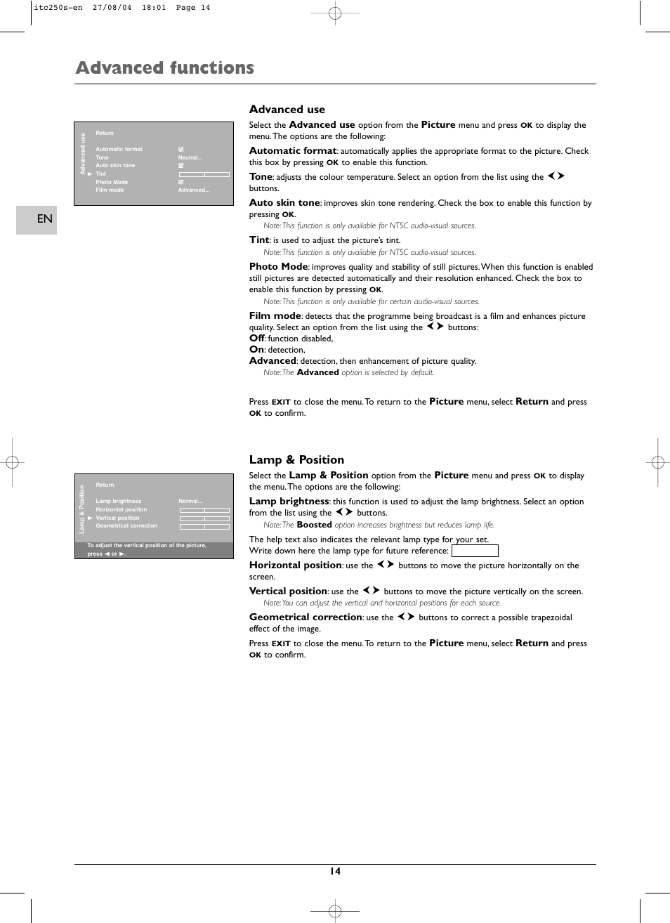 Advanced functions, Lamp & position, Advanced use | Technicolor - Thomson ITC250S User Manual | Page 14 / 26