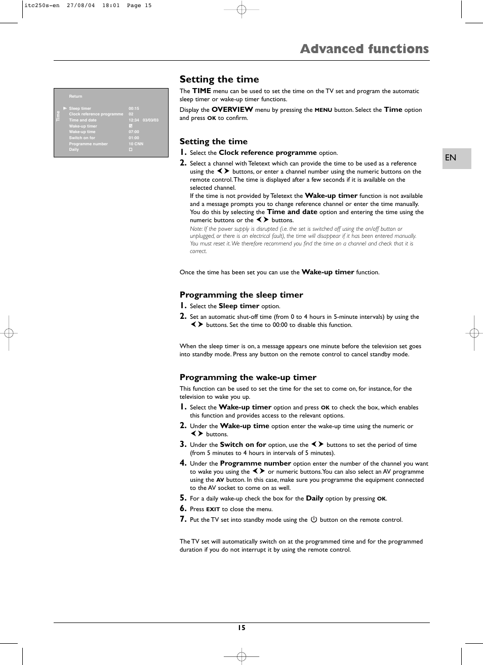 Advanced functions, Setting the time, Setting the time 1 | Programming the sleep timer 1, Programming the wake-up timer | Technicolor - Thomson ITC250S User Manual | Page 15 / 26