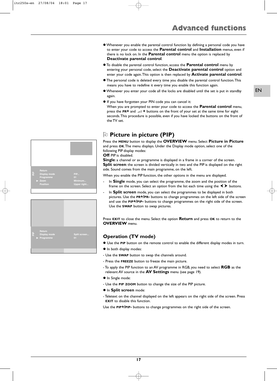 Advanced functions, Picture in picture (pip), Operation (tv mode) | Technicolor - Thomson ITC250S User Manual | Page 17 / 26