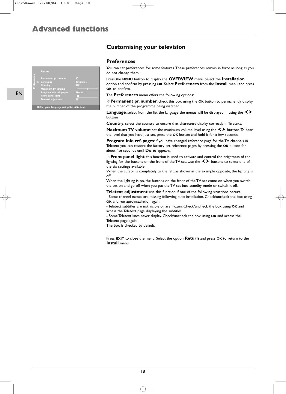 Advanced functions, Customising your television, Preferences | Technicolor - Thomson ITC250S User Manual | Page 18 / 26