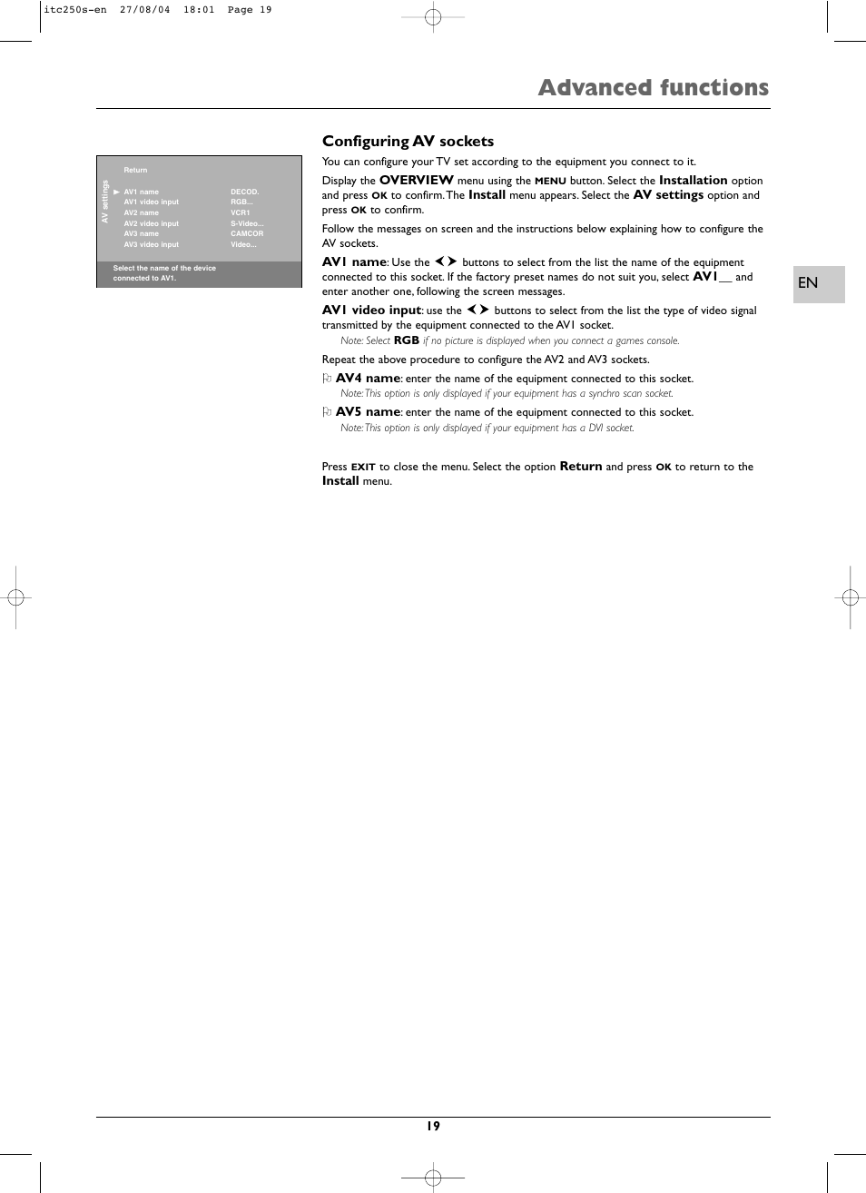 Advanced functions, Configuring av sockets | Technicolor - Thomson ITC250S User Manual | Page 19 / 26