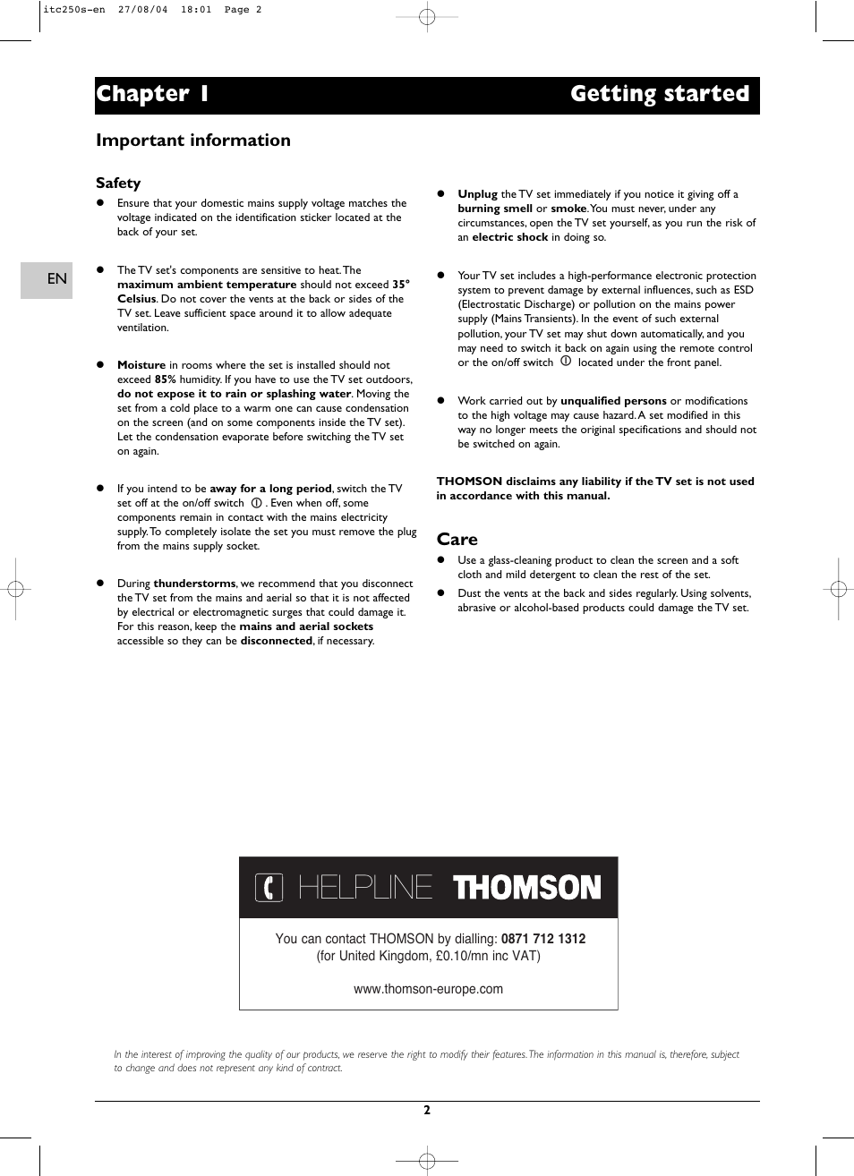 Helpline, Chapter 1 getting started, Important information | Care | Technicolor - Thomson ITC250S User Manual | Page 2 / 26