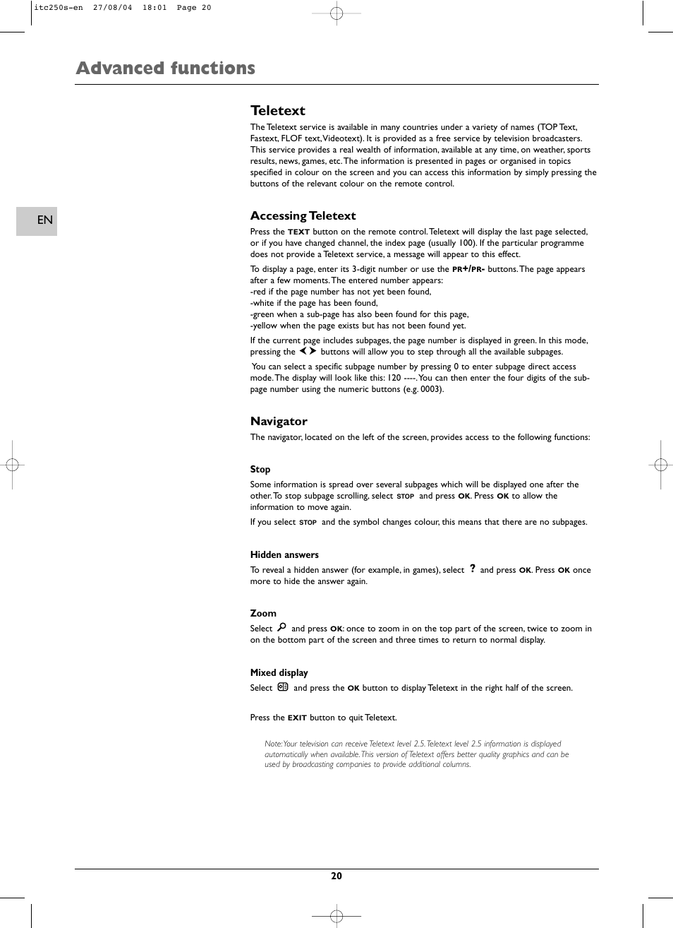 Advanced functions, Teletext, Accessing teletext | Navigator | Technicolor - Thomson ITC250S User Manual | Page 20 / 26