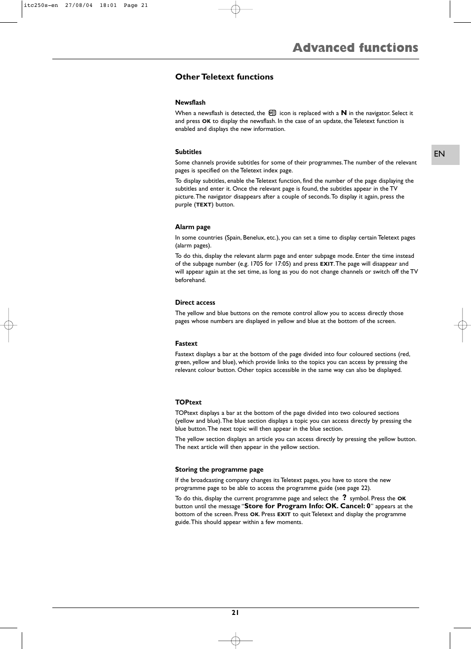 Advanced functions, Other teletext functions | Technicolor - Thomson ITC250S User Manual | Page 21 / 26