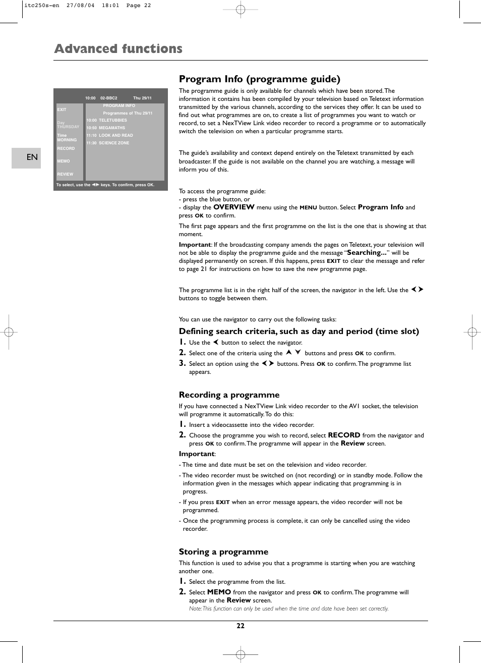 Advanced functions, Program info (programme guide), Recording a programme | Storing a programme | Technicolor - Thomson ITC250S User Manual | Page 22 / 26