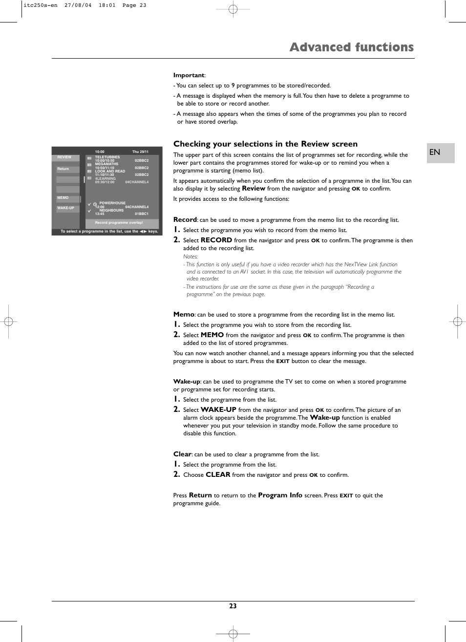 Advanced functions, Checking your selections in the review screen | Technicolor - Thomson ITC250S User Manual | Page 23 / 26