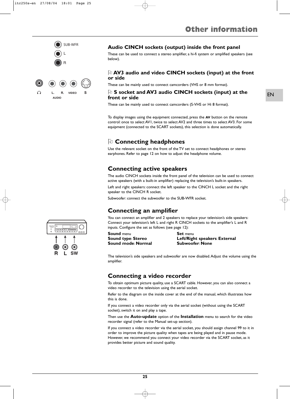 Other information, Connecting headphones, Connecting active speakers | Connecting an amplifier, Connecting a video recorder | Technicolor - Thomson ITC250S User Manual | Page 25 / 26