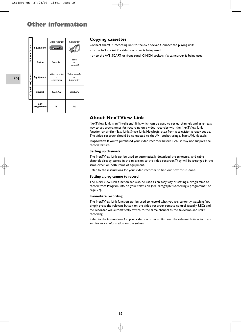 Other information, About nextview link, Copying cassettes | Technicolor - Thomson ITC250S User Manual | Page 26 / 26