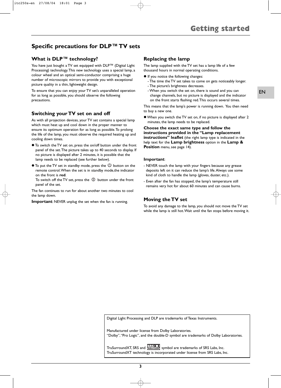 Getting started, Specific precautions for dlp™ tv sets | Technicolor - Thomson ITC250S User Manual | Page 3 / 26