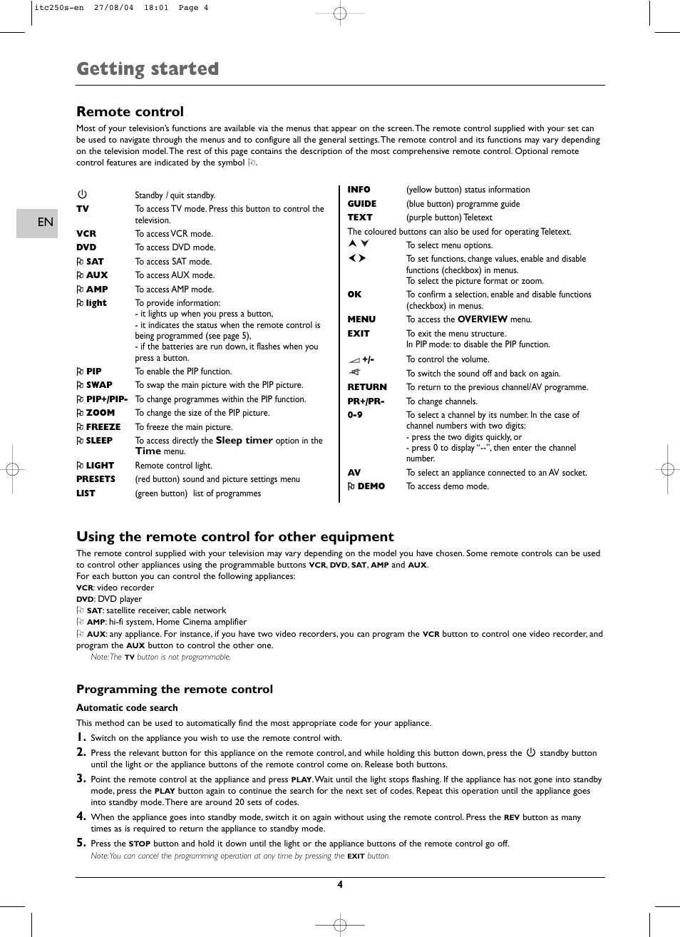 Getting started, Remote control, Using the remote control for other equipment | Programming the remote control | Technicolor - Thomson ITC250S User Manual | Page 4 / 26