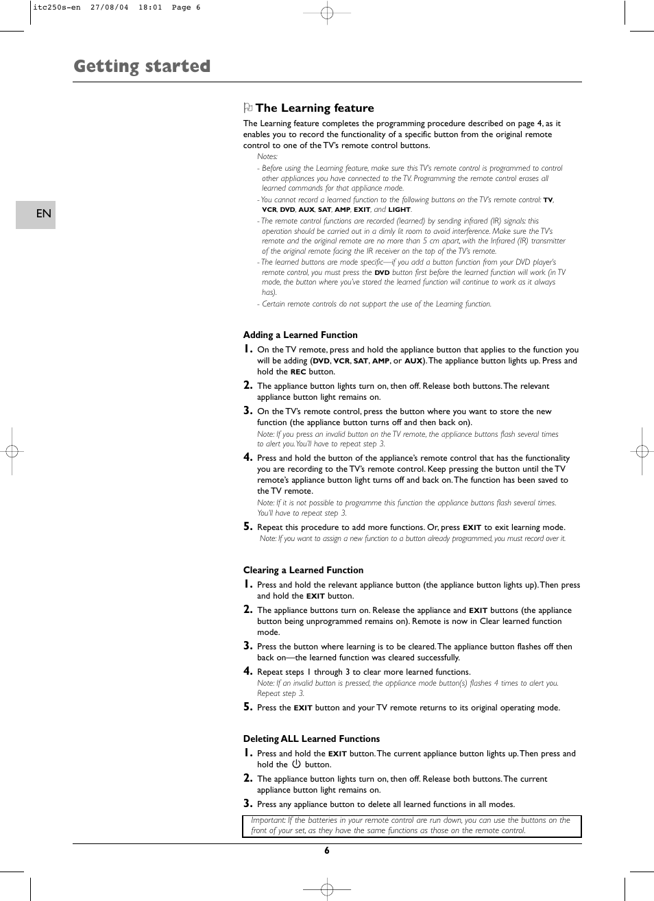 Getting started, The learning feature | Technicolor - Thomson ITC250S User Manual | Page 6 / 26