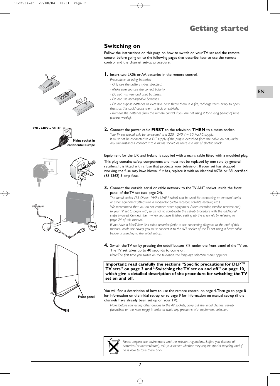 Getting started, Switching on | Technicolor - Thomson ITC250S User Manual | Page 7 / 26