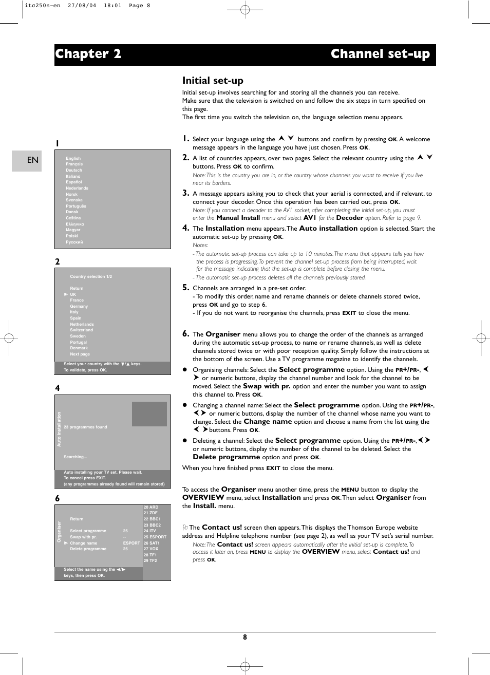 Chapter 2 channel set-up, Initial set-up | Technicolor - Thomson ITC250S User Manual | Page 8 / 26