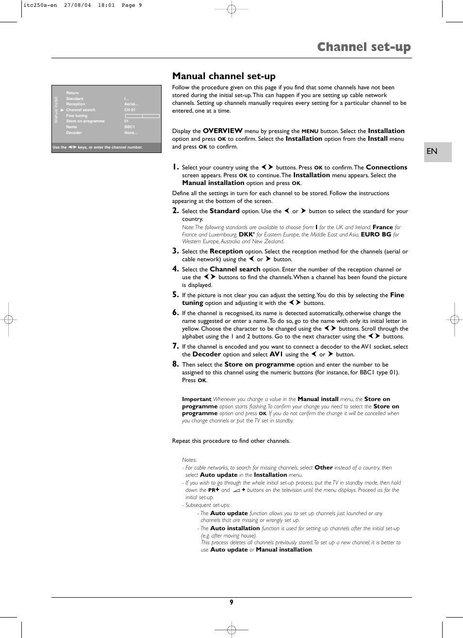 Channel set-up, Manual channel set-up | Technicolor - Thomson ITC250S User Manual | Page 9 / 26