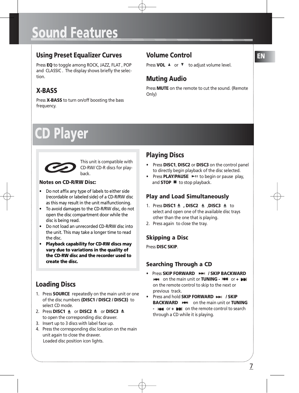 Sound features, Cd player, Using preset equalizer curves | X-bass, Volume control, Muting audio, Loading discs, Playing discs | Technicolor - Thomson Thomson Life CS300 User Manual | Page 11 / 16