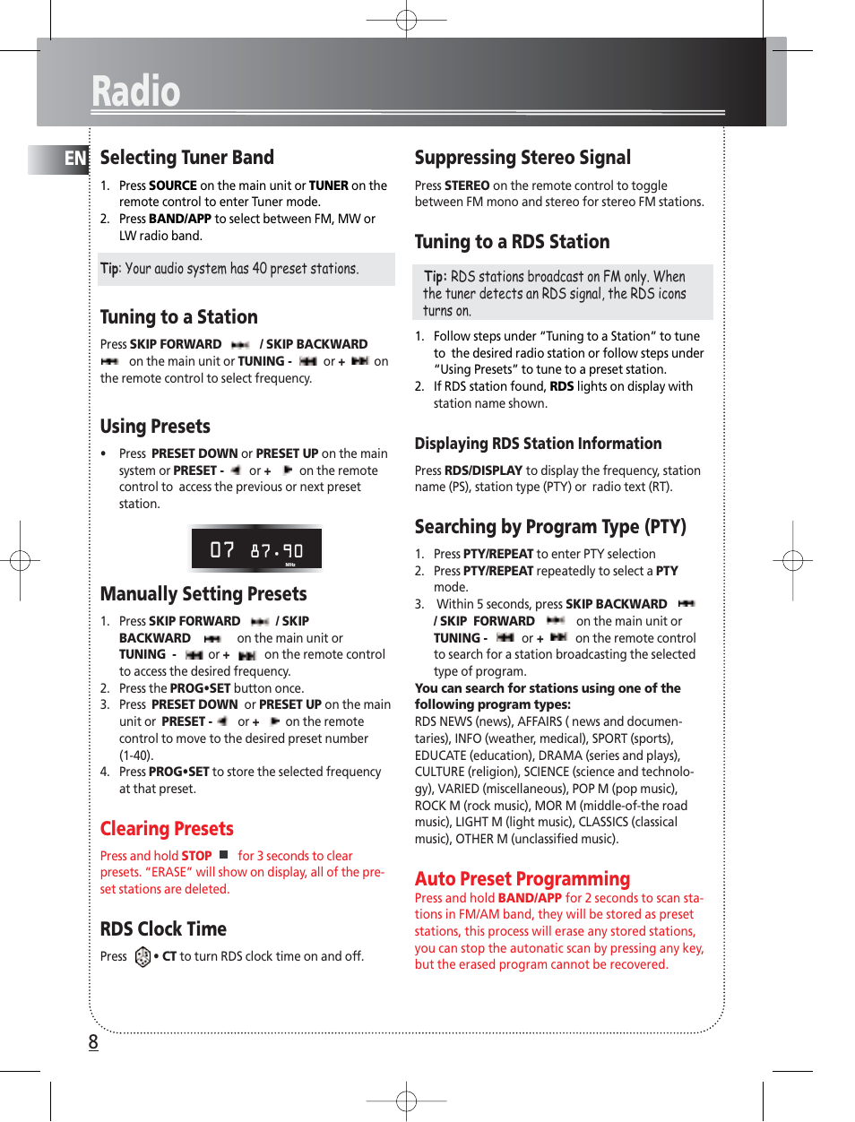 Radio, Selecting tuner band, Tuning to a station | Using presets, Manually setting presets, Clearing presets, Rds clock time, Suppressing stereo signal, Tuning to a rds station, Searching by program type (pty) | Technicolor - Thomson Thomson Life CS300 User Manual | Page 12 / 16