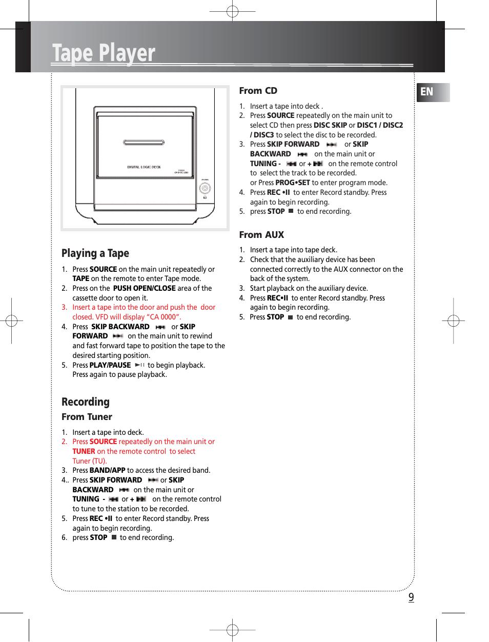 Tape player, Playing a tape, Recording | Technicolor - Thomson Thomson Life CS300 User Manual | Page 13 / 16