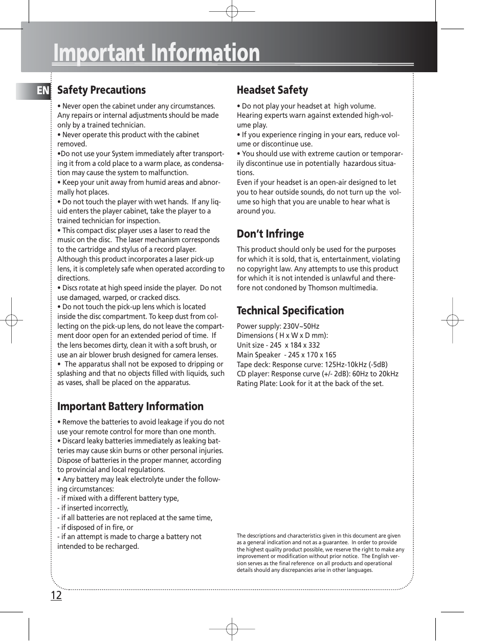 Important information | Technicolor - Thomson Thomson Life CS300 User Manual | Page 16 / 16