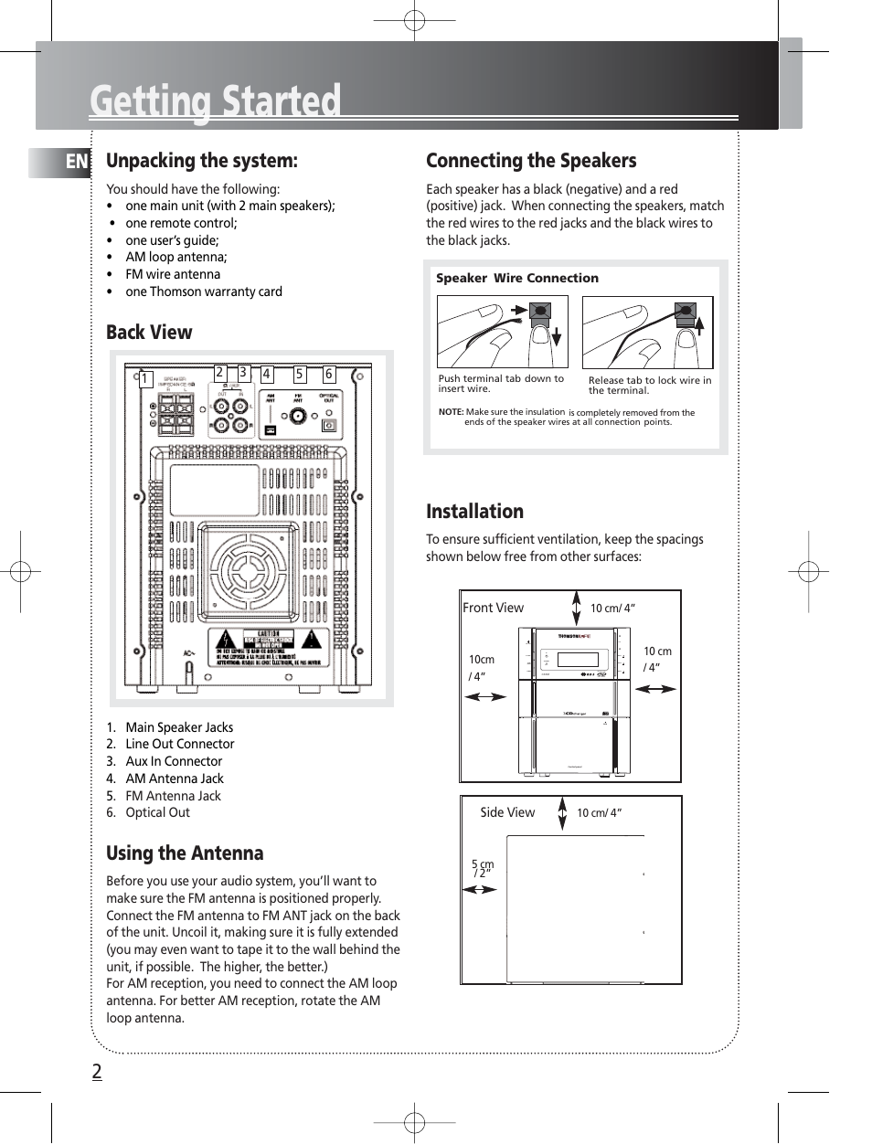 Getting started, Unpacking the system, Back view | Using the antenna, Connecting the speakers, Installation | Technicolor - Thomson Thomson Life CS300 User Manual | Page 6 / 16