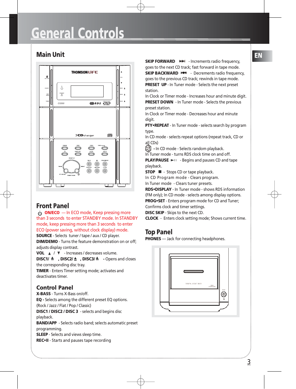 General controls, Main unit front panel, Top panel | Control panel | Technicolor - Thomson Thomson Life CS300 User Manual | Page 7 / 16