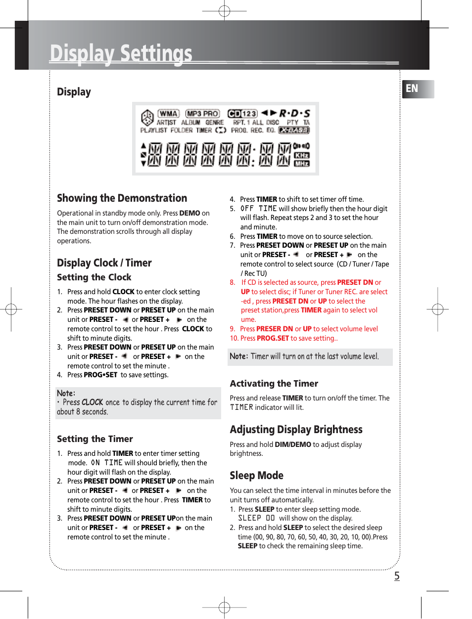 Display settings, En display showing the demonstration, Display clock / timer | Adjusting display brightness, Sleep mode | Technicolor - Thomson Thomson Life CS300 User Manual | Page 9 / 16