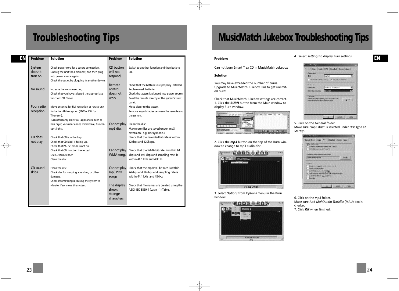 Troubleshooting tips, Musicmatch jukebox troubleshooting tips, En 24 23 | Technicolor - Thomson TM9255 User Manual | Page 14 / 15