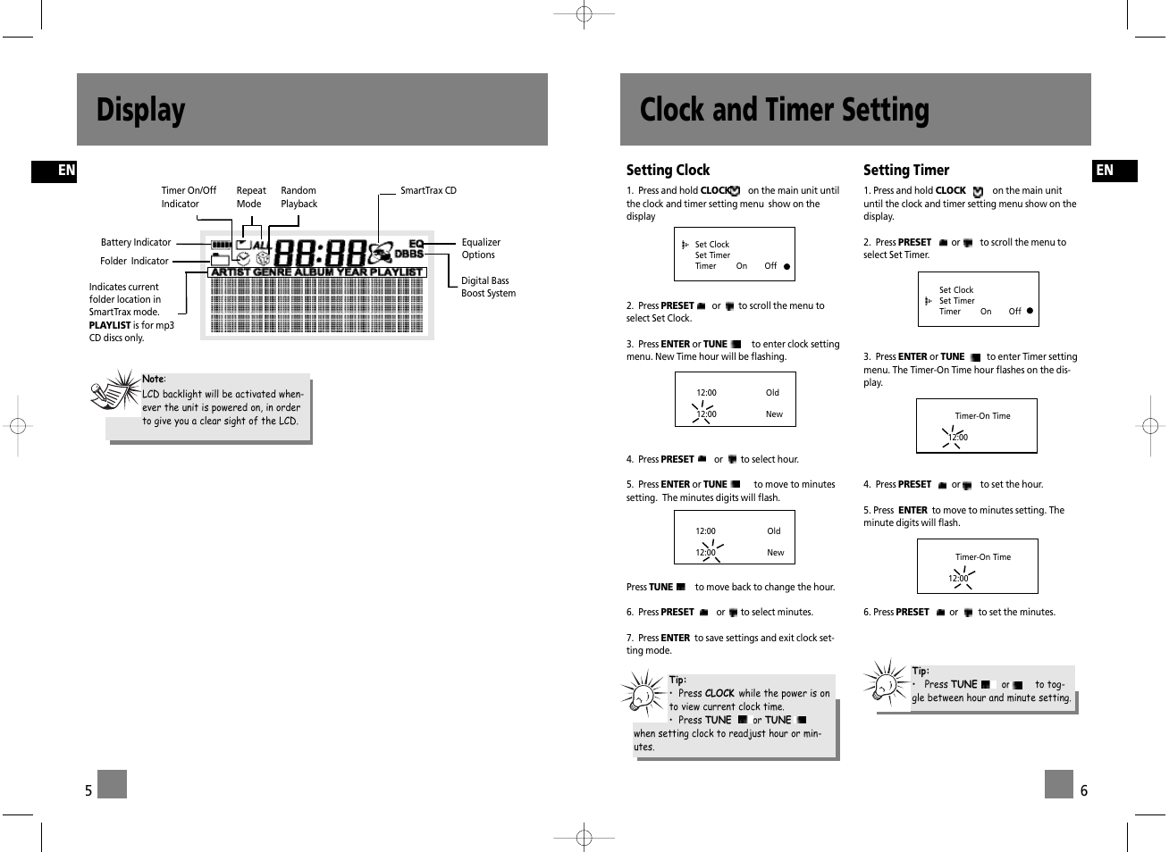 Clock and timer setting, Display | Technicolor - Thomson TM9255 User Manual | Page 5 / 15