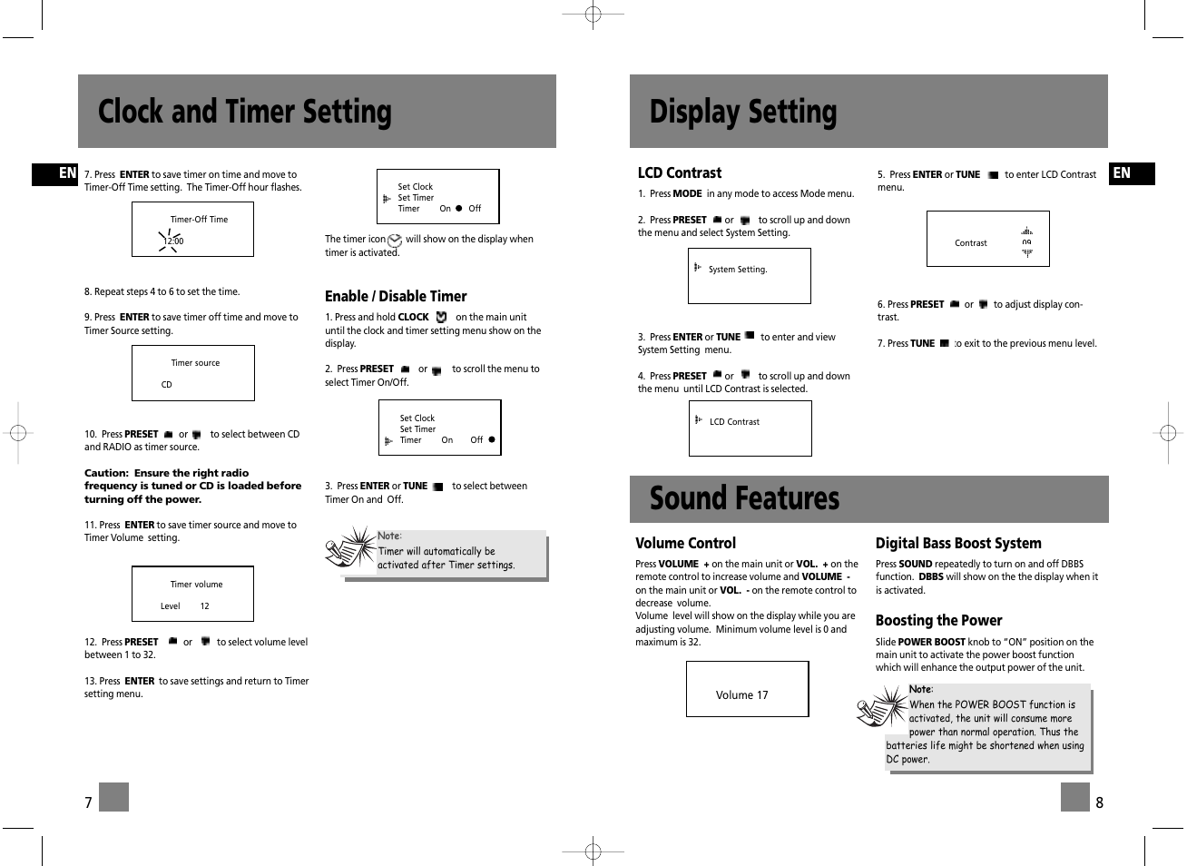 Display setting, Clock and timer setting, Sound features | Technicolor - Thomson TM9255 User Manual | Page 6 / 15