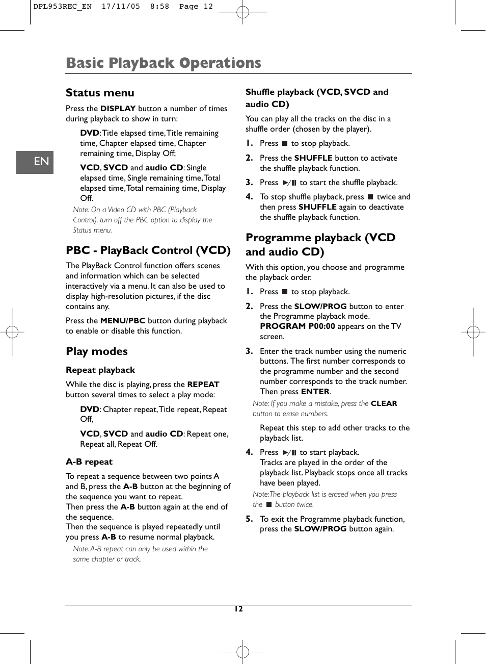 Basic playback operations, Status menu, Pbc - playback control (vcd) | Play modes, Programme playback (vcd and audio cd) | Technicolor - Thomson DPL953REC User Manual | Page 12 / 30