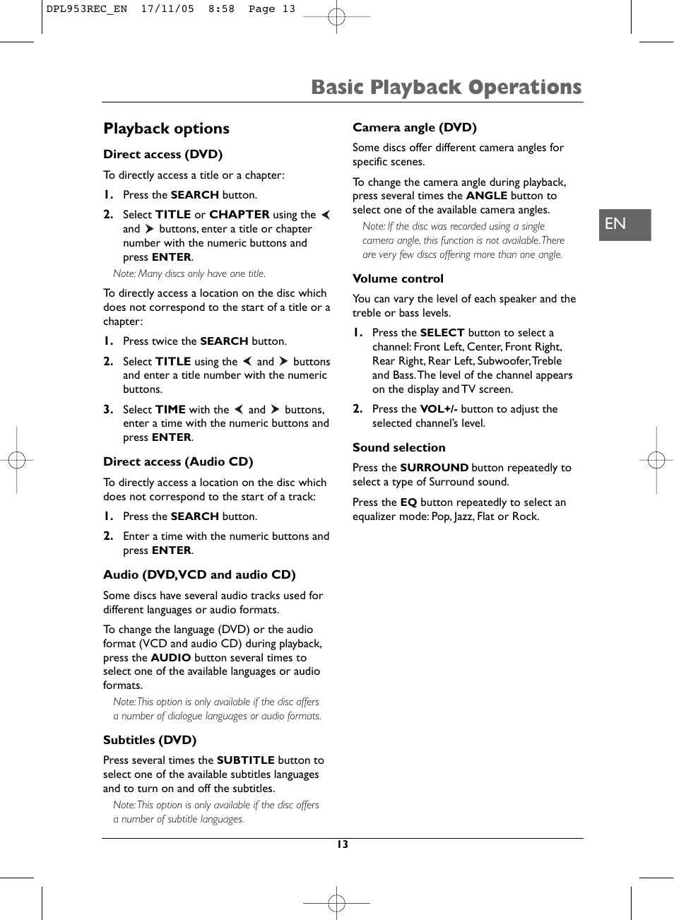 Basic playback operations, Playback options | Technicolor - Thomson DPL953REC User Manual | Page 13 / 30